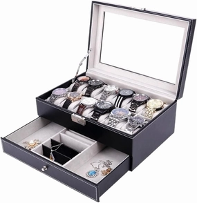Women's jewelry bo Double Layer 12-position Watch Jewelry Box Transparent 12-position Watch Box Jewelry Box Jewelry Storage Box Travel box(Black)