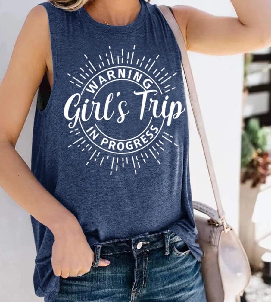Women Vacation Tank Tops Summer Warning Girls Trip in Progress Shirts Letter Printed Graphic Sleeveless Tee