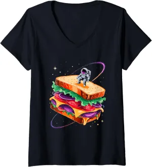 Womens Astronaut Space Sandwich V-Neck T-Shirt