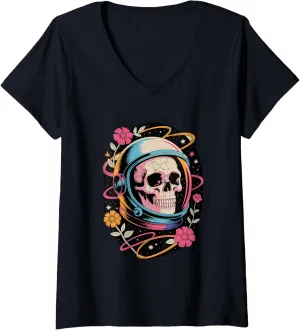 Womens Cosmic Skull in Retro Space Helmet Astronaut Floral Orbit V-Neck T-Shirt
