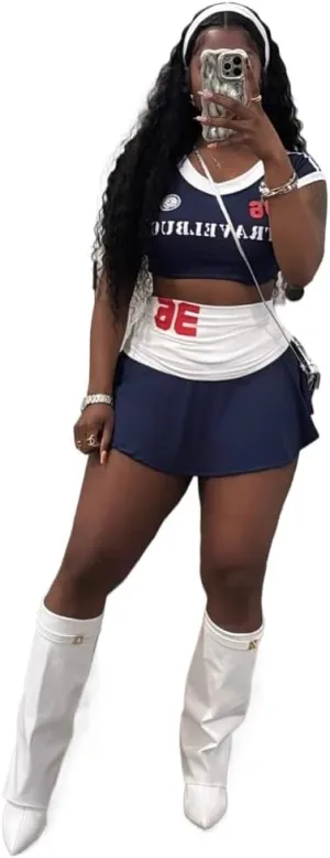 Women's letter pattern crop top aesthetic high waist ultra short skirt cheerleading Y2K set