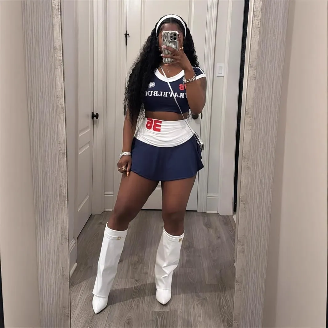 Women's letter pattern crop top aesthetic high waist ultra short skirt cheerleading Y2K set