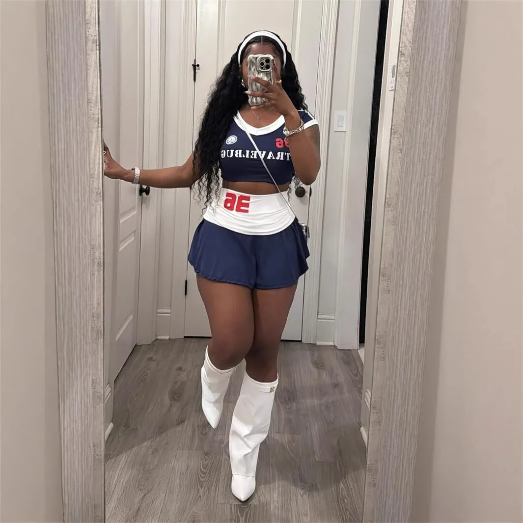 Women's letter pattern crop top aesthetic high waist ultra short skirt cheerleading Y2K set