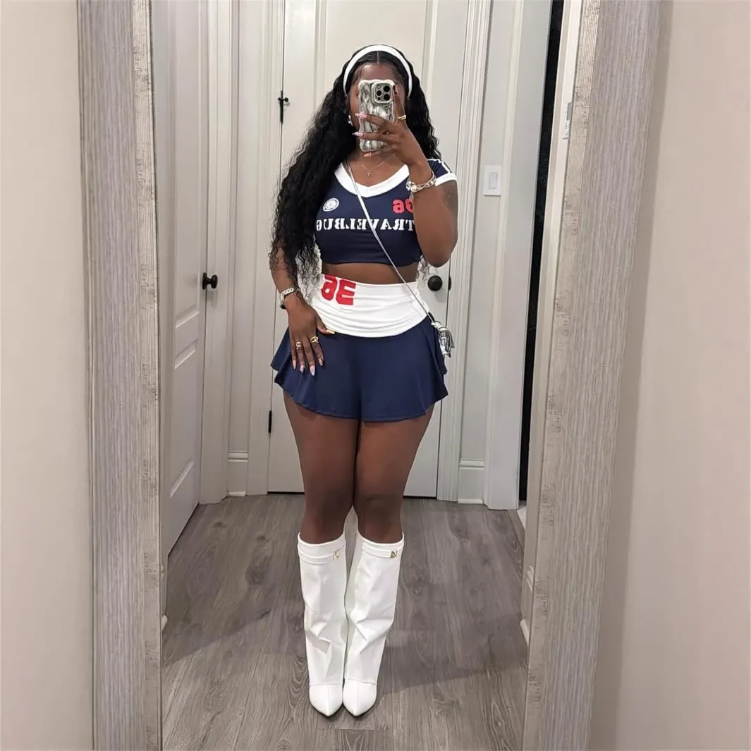 Women's letter pattern crop top aesthetic high waist ultra short skirt cheerleading Y2K set