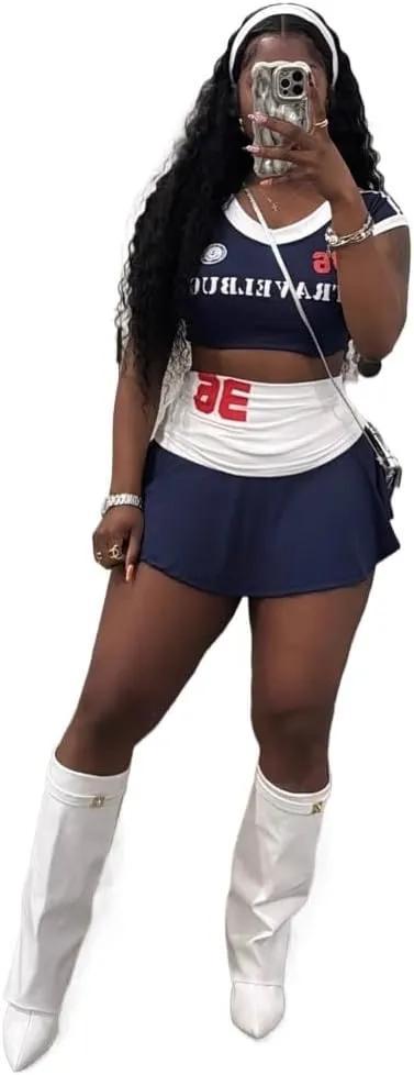 Women's letter pattern crop top aesthetic high waist ultra short skirt cheerleading Y2K set