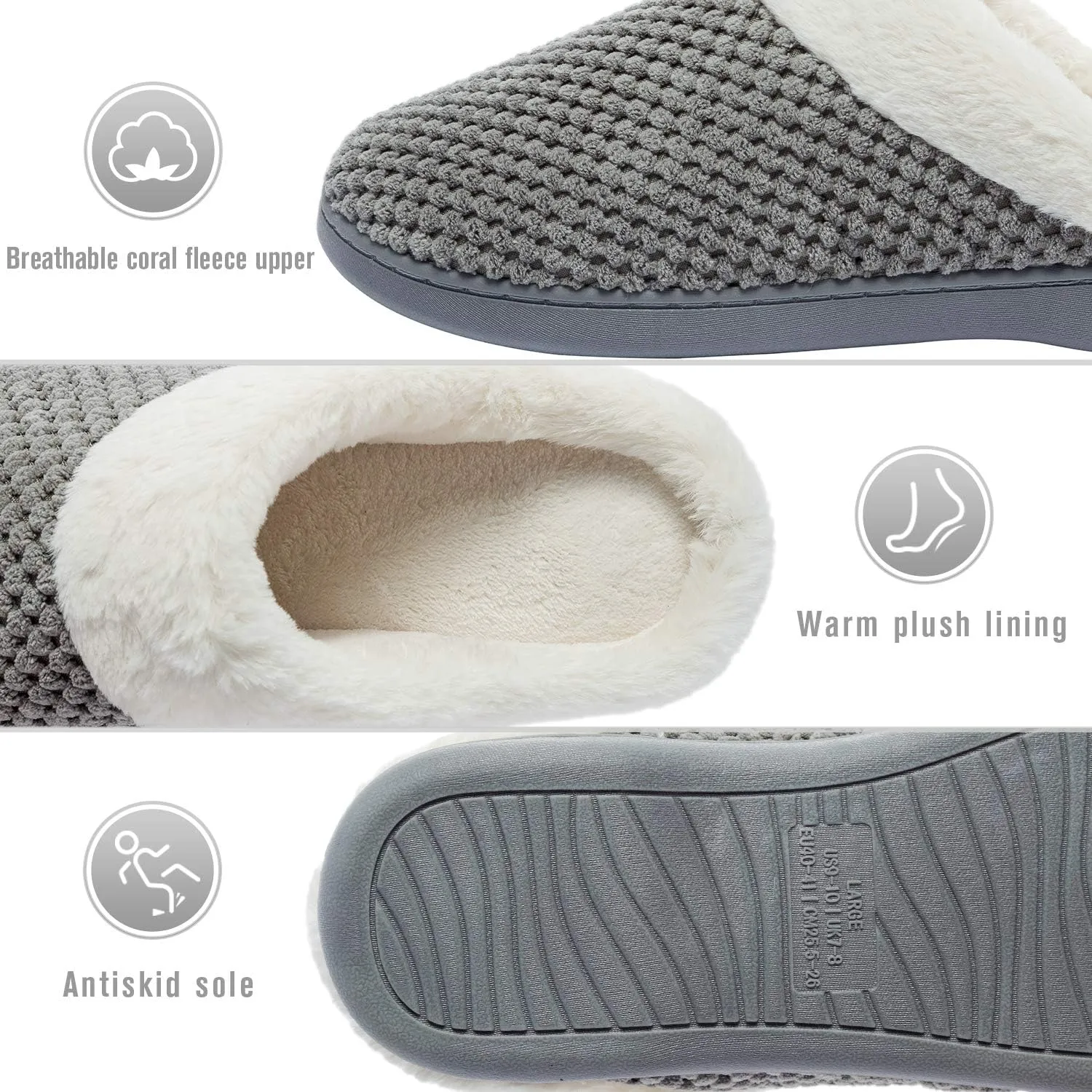Womens Memory Foam Slippers Plush Fleece Lined Lady House Slippers Anti-Skid for Indoor Outdoor