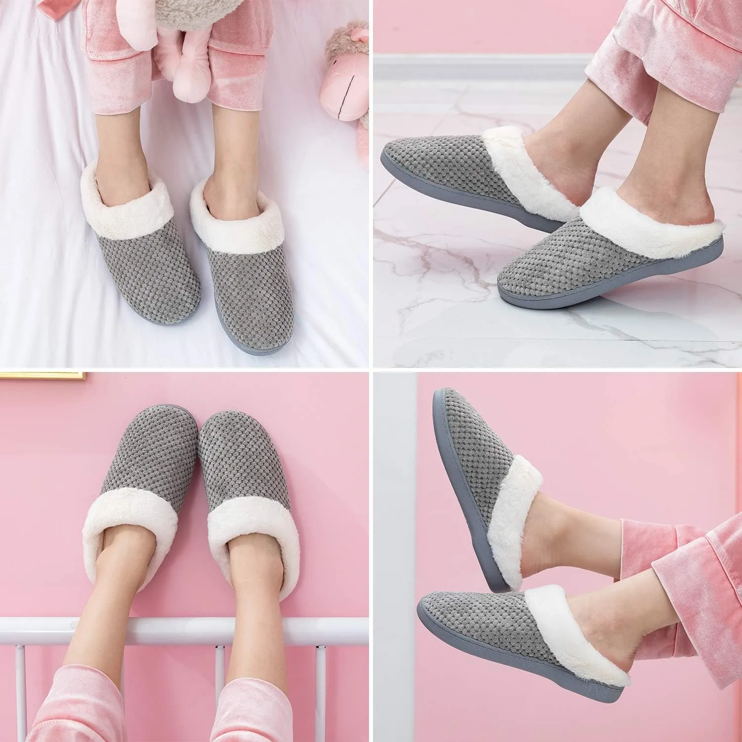 Womens Memory Foam Slippers Plush Fleece Lined Lady House Slippers Anti-Skid for Indoor Outdoor