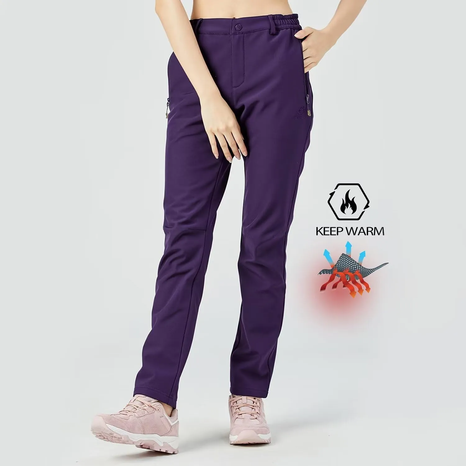 Women's Waterproof Hiking Slim Fit Pants with Fleece Lining for Winter, Snow, Ski, and Board - Soft Shell Pants