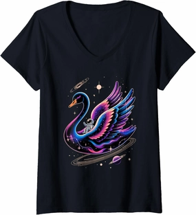 Womens Astronaut Riding Swan Space Stars Galaxy Planets V-Neck T-Shirt