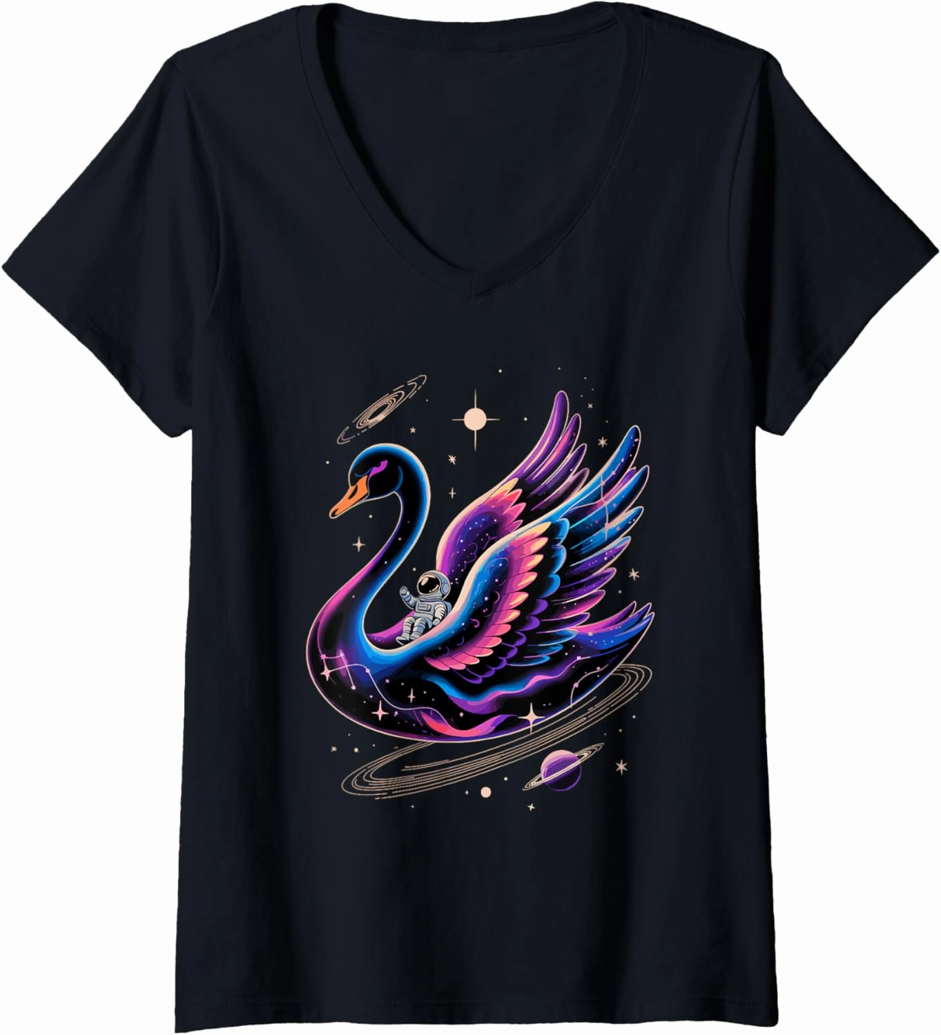 Womens Astronaut Riding Swan Space Stars Galaxy Planets V-Neck T-Shirt