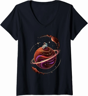 Womens Astronaut Sitting on Chocolate Truffle Space Stars Planets V-Neck T-Shirt