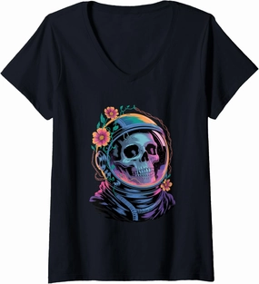 Womens Cosmic Skull in Retro Space Helmet Astronaut Floral Orbit V-Neck T-Shirt