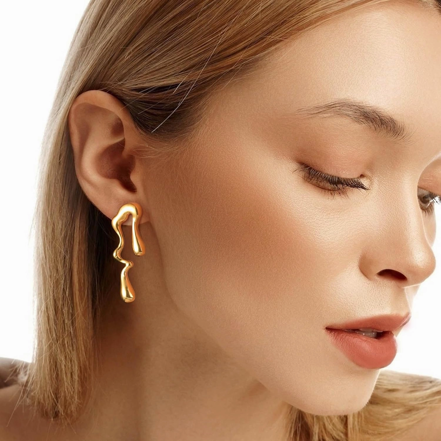Womens Gold Studs Earrings, 14K Gold Plated Personality Big Stud Earring,Stainless Steel Hypoallergenic Ear Rings Trendy Jewelry,Christmas Birthday Gifts for Her Girlfriend Sister