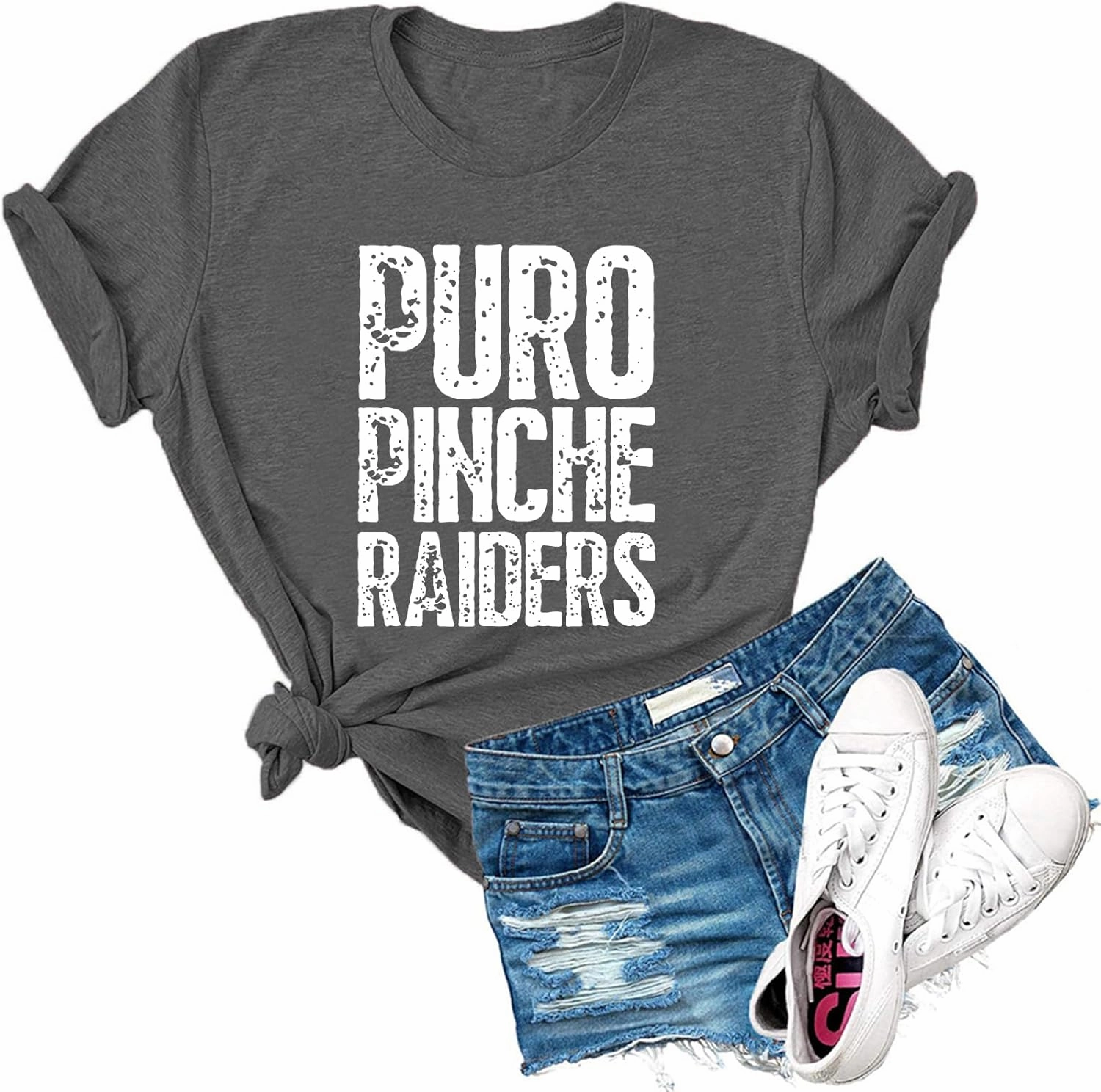 Womens Puro Pinche Raiders Letter Print Short Sleeve T Shirt Novelty Football Graphic Tees Tops