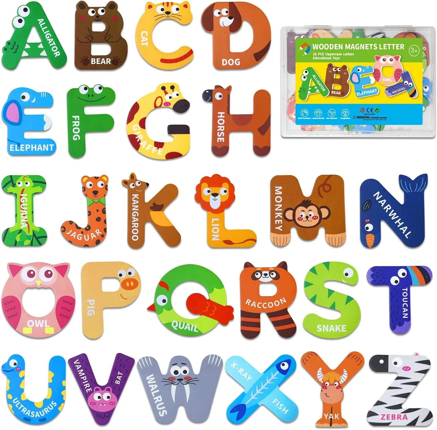 Wooden Magnetic Alphabet Letters for Toddlers, 26 Cute Animal-Themed Fridge Magnets for Early Learning, Spelling Practice, Letter Recognition Toys for Kids, Perfect Preschool Gift for Home & Classroom