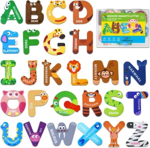 Wooden Magnetic Alphabet Letters for Toddlers, 26 Cute Animal-Themed Fridge Magnets for Early Learning, Spelling Practice, Letter Recognition Toys for Kids, Perfect Preschool Gift for Home & Classroom