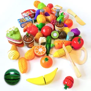 Wooden Play Food, Wooden Toys Montessori Kitchen Tools for Toddlers 1-3, 46-Piece Realistic Cutting Set with Play Kitchen Accessories, Educational Pretend Food for Boys and Girls 18  Months