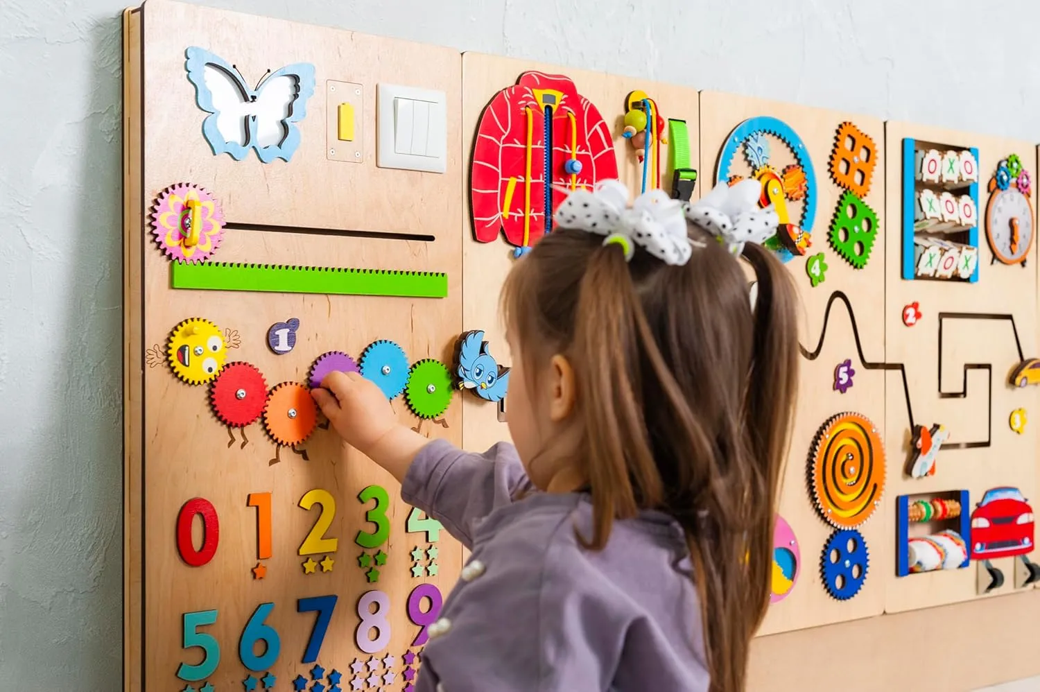 Wooden sensory wall busy board for kids, Activity wall toy for schools, library and church. Montessori Furniture for indoor playground and waiting rooms (Bright)