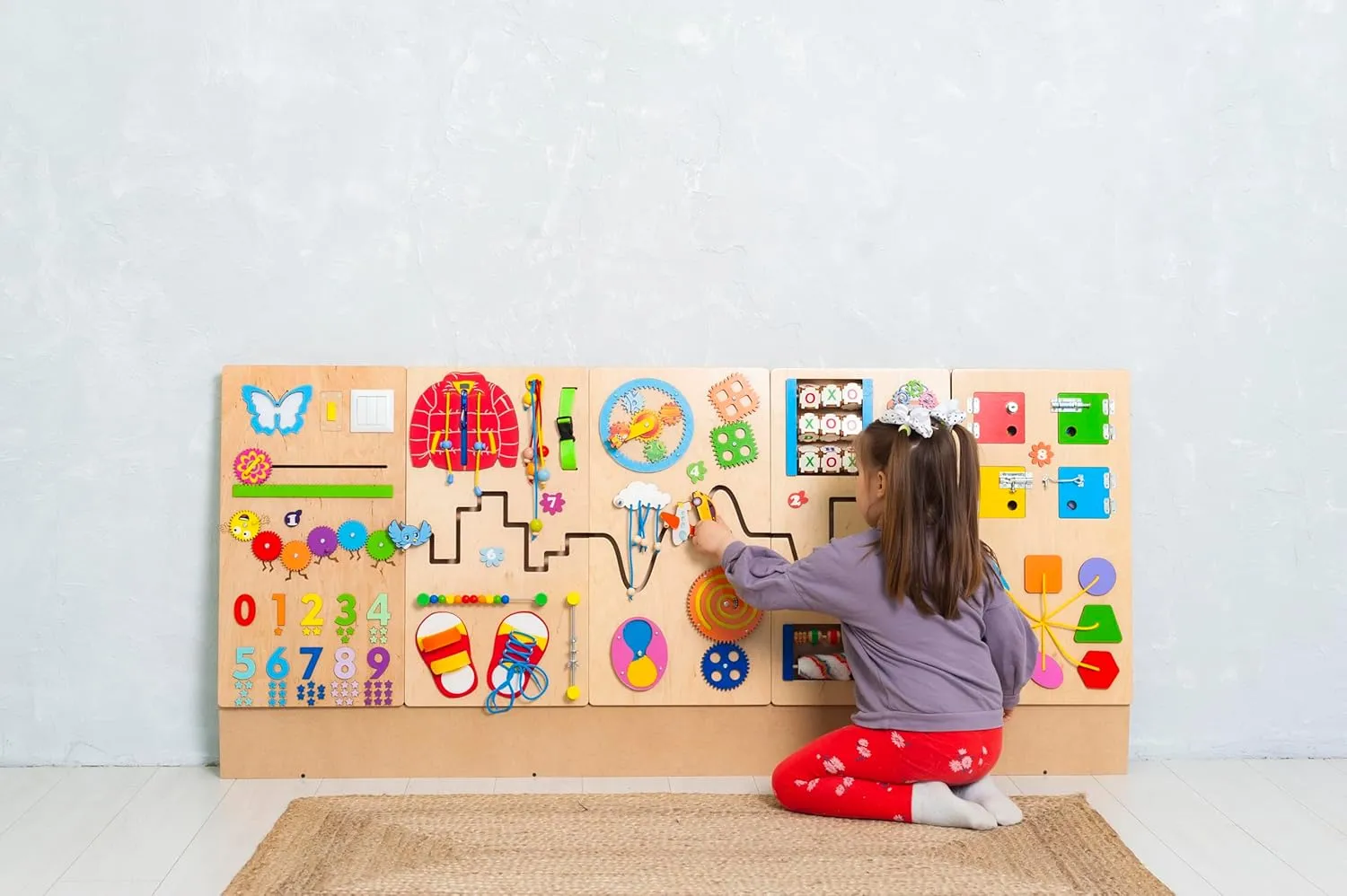 Wooden sensory wall busy board for kids, Activity wall toy for schools, library and church. Montessori Furniture for indoor playground and waiting rooms (Bright)
