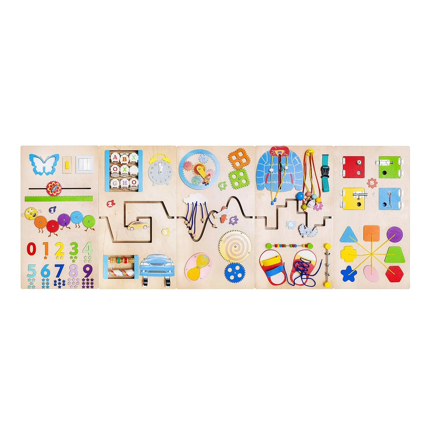 Wooden sensory wall busy board for kids, Activity wall toy for schools, library and church. Montessori Furniture for indoor playground and waiting rooms (Bright)