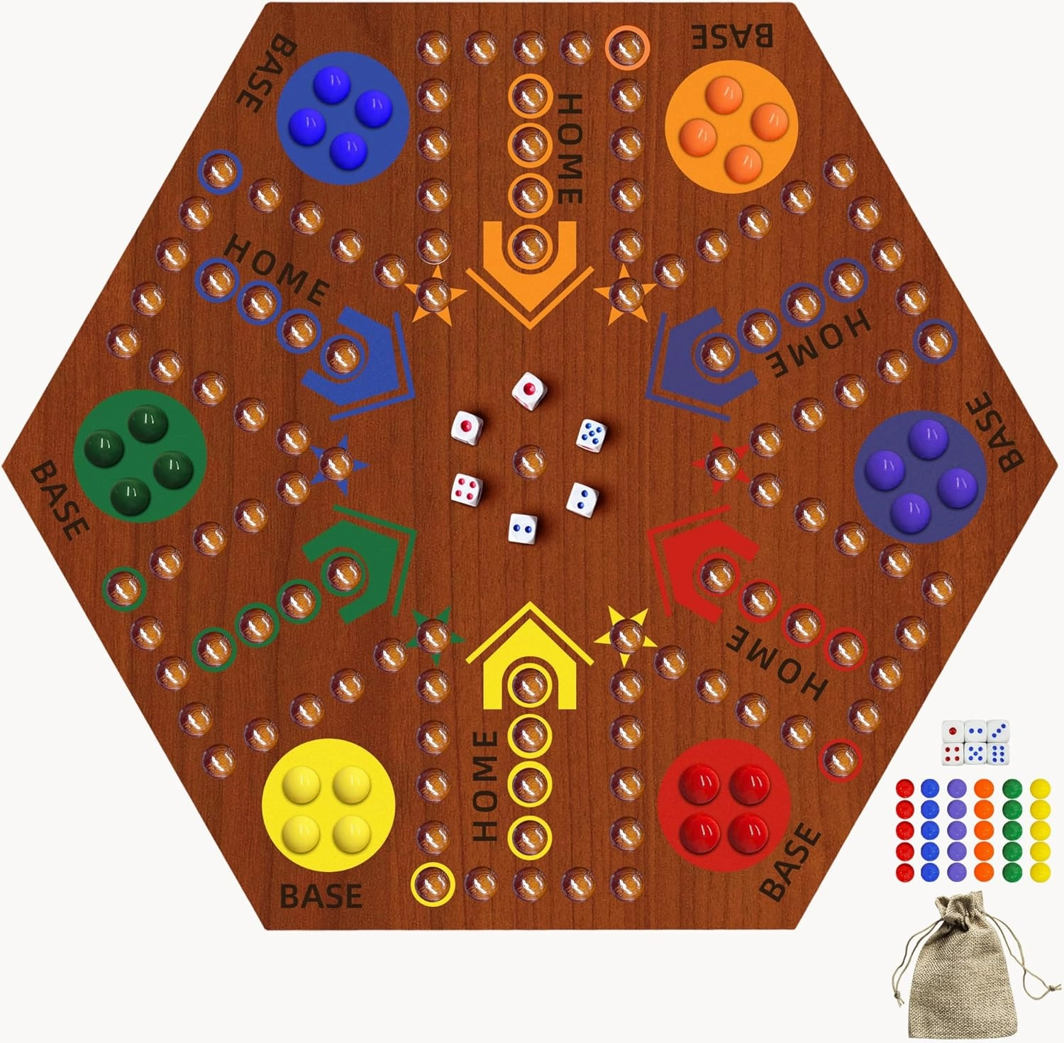 Wooden Board Game, Board Game Original Marble Game Double Sided Painted 2 to 6 Player Fast Track Wooden with 6 Colors 24 Marbles 6 Dice for Adults Kids Family(20 INCH Flame)