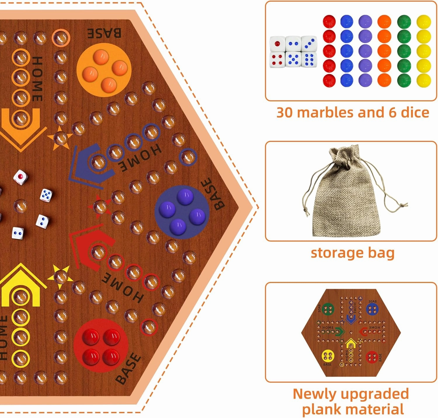 Wooden Board Game, Board Game Original Marble Game Double Sided Painted 2 to 6 Player Fast Track Wooden with 6 Colors 24 Marbles 6 Dice for Adults Kids Family(20 INCH Flame)