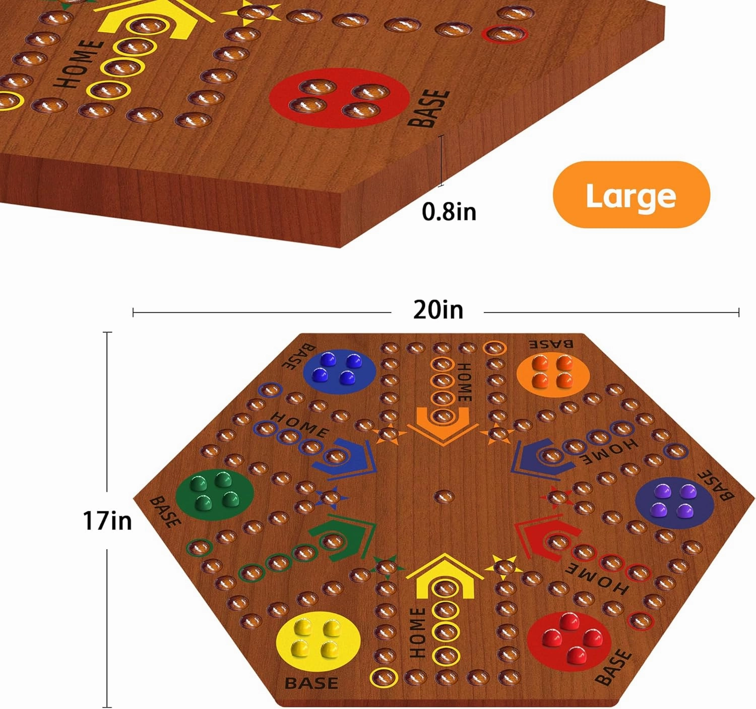 Wooden Board Game, Board Game Original Marble Game Double Sided Painted 2 to 6 Player Fast Track Wooden with 6 Colors 24 Marbles 6 Dice for Adults Kids Family(20 INCH Flame)