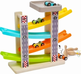 Wooden Car Ramp Toys Wooden Race Track Car Zig Zag Car Toddler Car Toy Vehicle Playsets Garage with 4 Cars 3 Bowlings for 1 2 3 4 5 6 Year Old Boys Girls