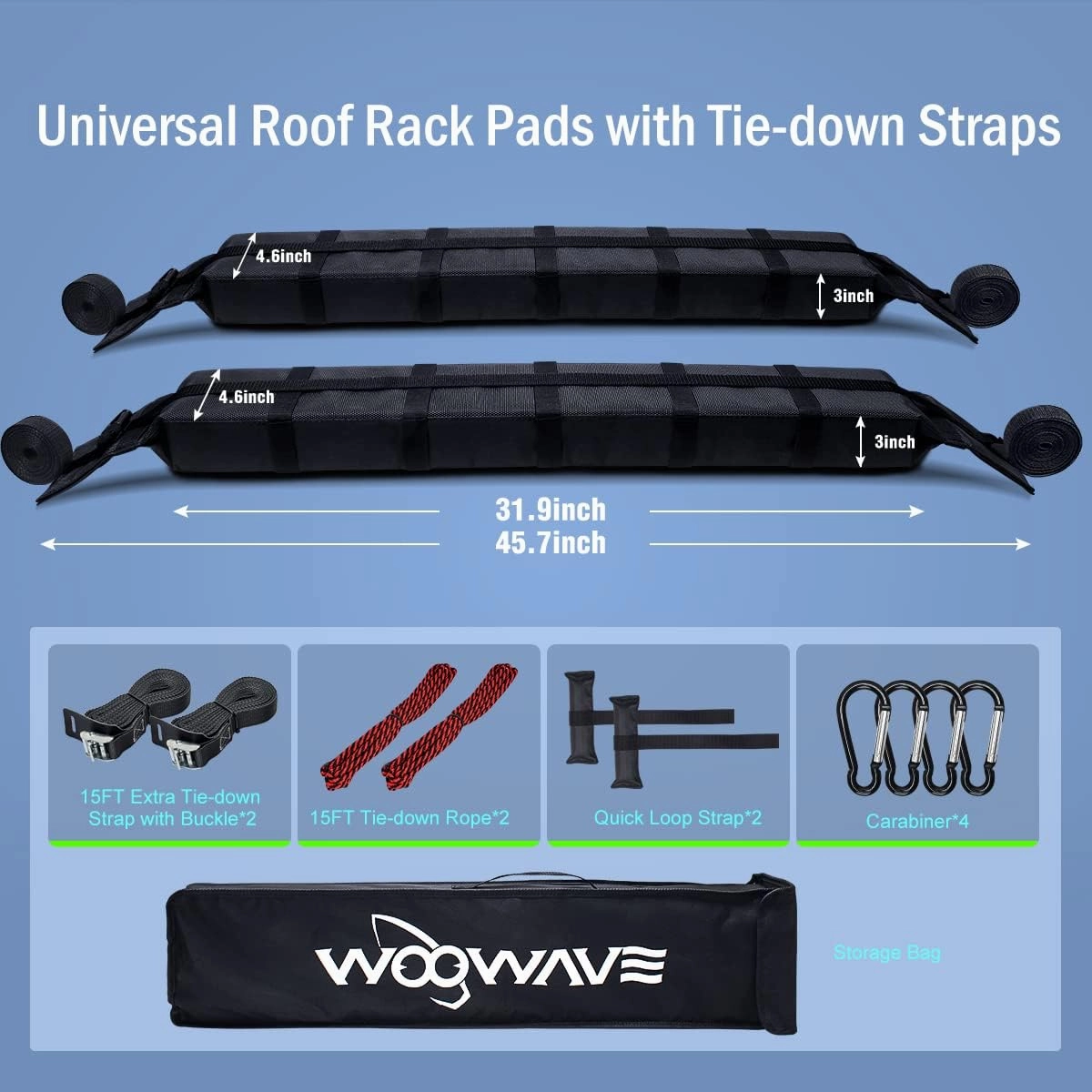 WOOWAVE Premium Kayak Roof Rack Pads Universal Car Soft Roof Rack Kayak Carrier for Canoe/Surfboard/Paddleboard/SUP/Snowboard with Tie Down Straps, Tie Down Rope, Quick Loop Strap and Storage Bag