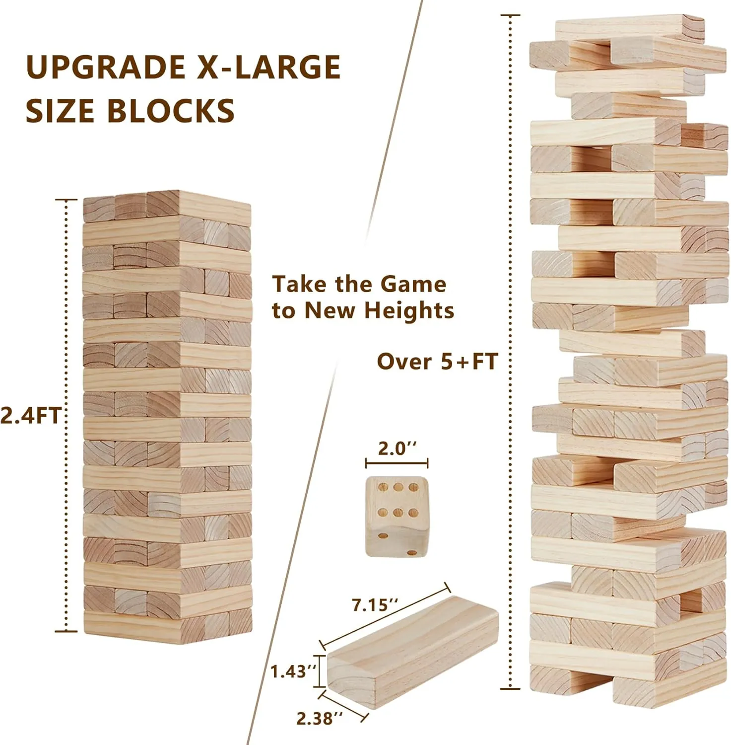 X-Large Size Giant Tumble Tower, 60 Blocks Outdoor Games Stacking Games Includes Dice Carrying Bag Scoreboard, Stacking Over 5FT for Backyard Lawn Party Playing