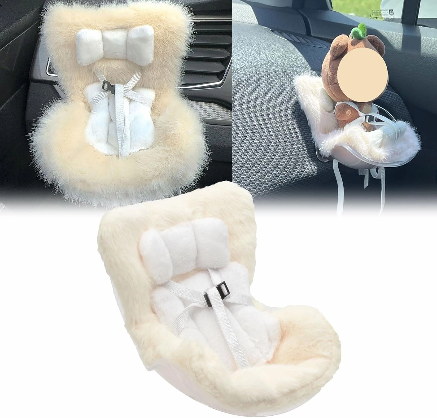 x xotic tech Car Seat for Dolls with Soft Furry Cushion, Cute Safety Seat Fresheners Clips onto Car Air Vent, Includes Seat Leg for Desktop Display, Car Ornament Decoration Accessories (Beige)