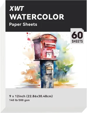XWT 60 Sheets Watercolor Paper Bulk, 9x12in 140lb/300gsm, Cold Pressed Acid Free Natural White Textured Water Color Painting Art Supplies, Drawing Gift for Artists, Students, Kids