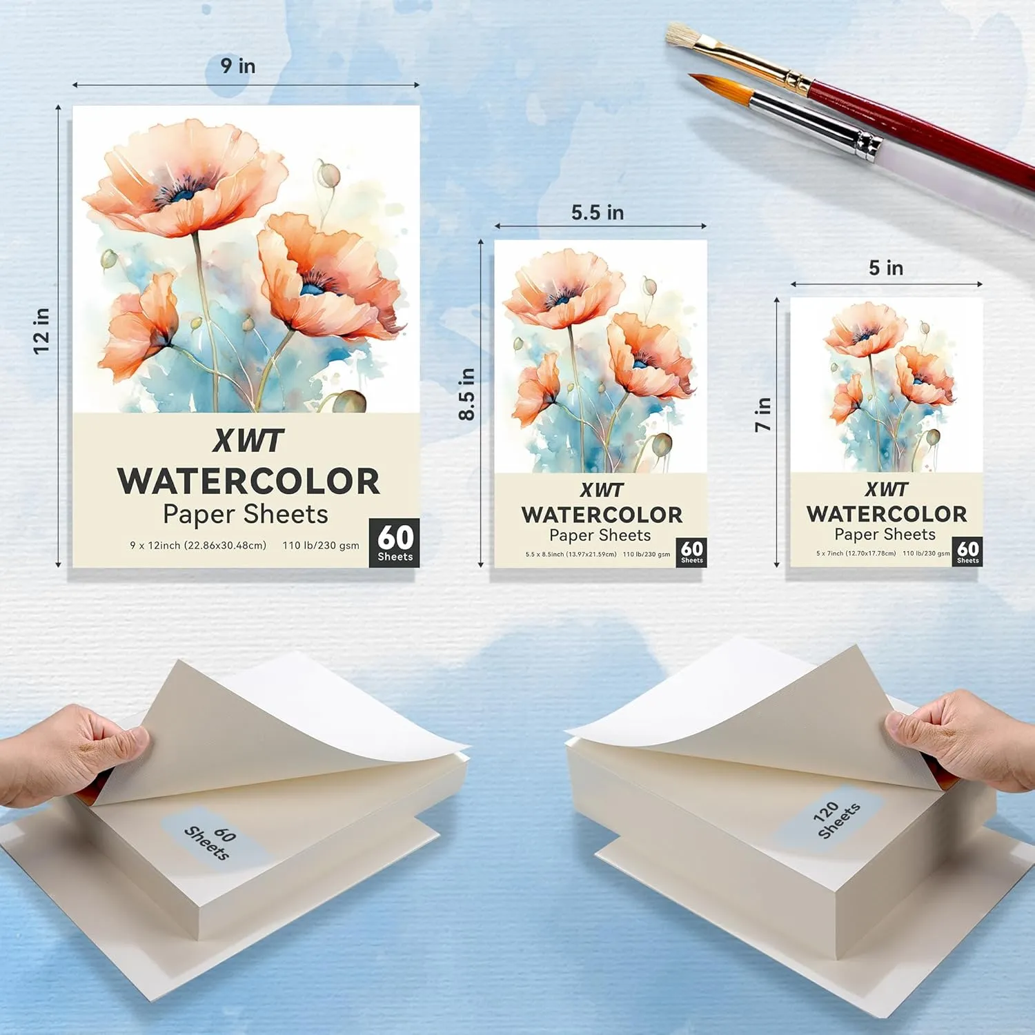 XWT Watercolor Paper Bulk 120 Sheets, 9x12in 110lb/230gsm, Cold Pressed Textured Water Color Paper, Art Supplies for Drawing, Painting, Card Making, Gift for Artists, Students, Kids on Christmas