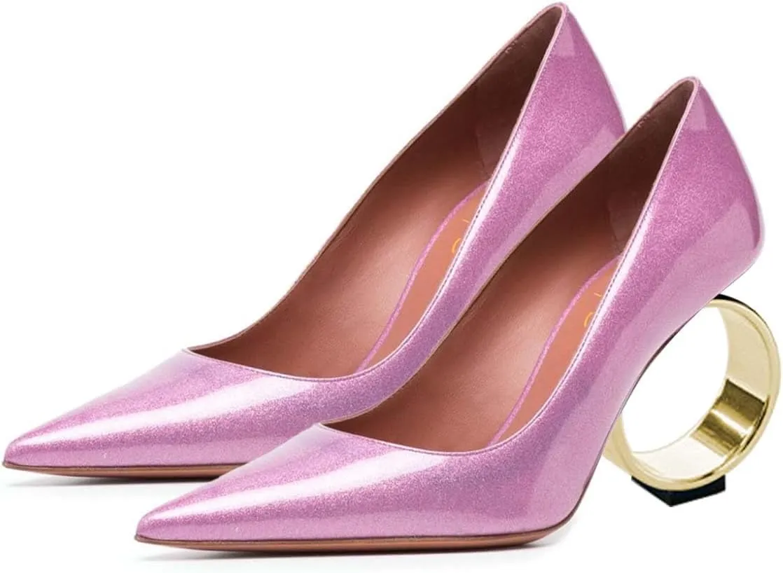 XYD Women Metal Circular High Heel Closed Pointed Toe Pumps Slip-on Office Formal Party Chic Shoes