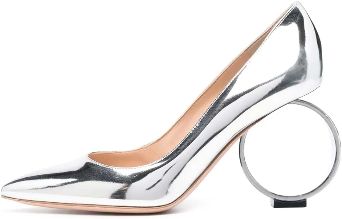 XYD Women Metal Circular High Heel Closed Pointed Toe Pumps Slip-on Office Formal Party Chic Shoes