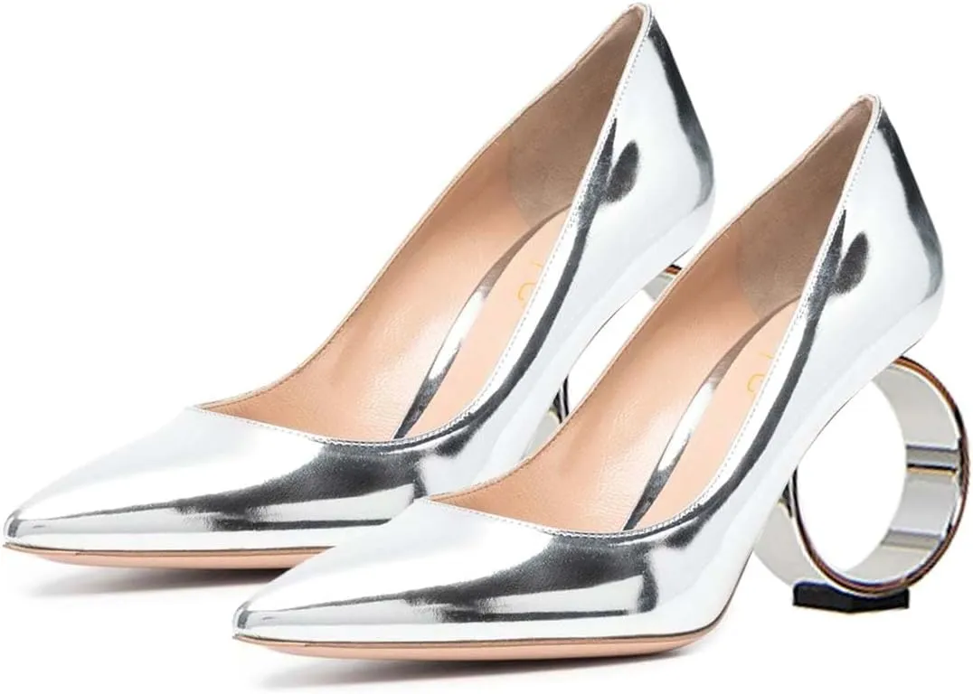 XYD Women Metal Circular High Heel Closed Pointed Toe Pumps Slip-on Office Formal Party Chic Shoes