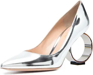 XYD Women Metal Circular High Heel Closed Pointed Toe Pumps Slip-on Office Formal Party Chic Shoes