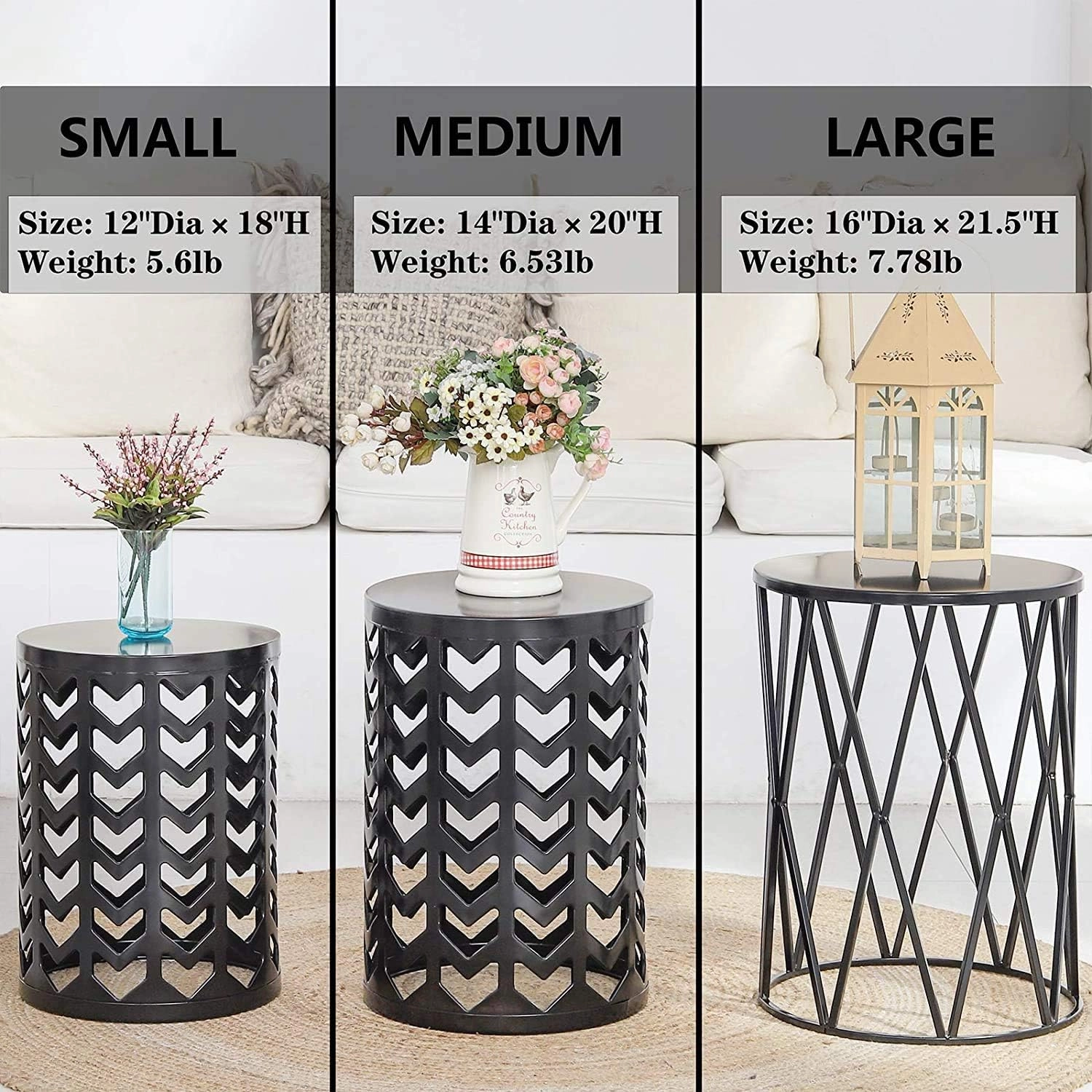 Y&M Nesting Side Table, Set of 3 Stacking Coffee Table for Living Room, Indoor End Tables, Outdoor Decorative Garden Stool with Heavy Duty Metal Frame Modern Industrial Decor - Pure Black