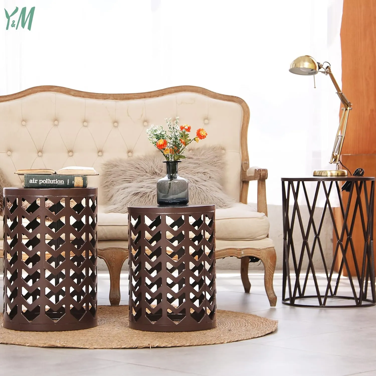 Y&M Nesting Side Table, Set of 3 Stacking Coffee Table for Living Room, Indoor End Tables, Outdoor Garden Stool with Heavy Duty Modern Industrial Decor - Pure Brown (Ship from US)
