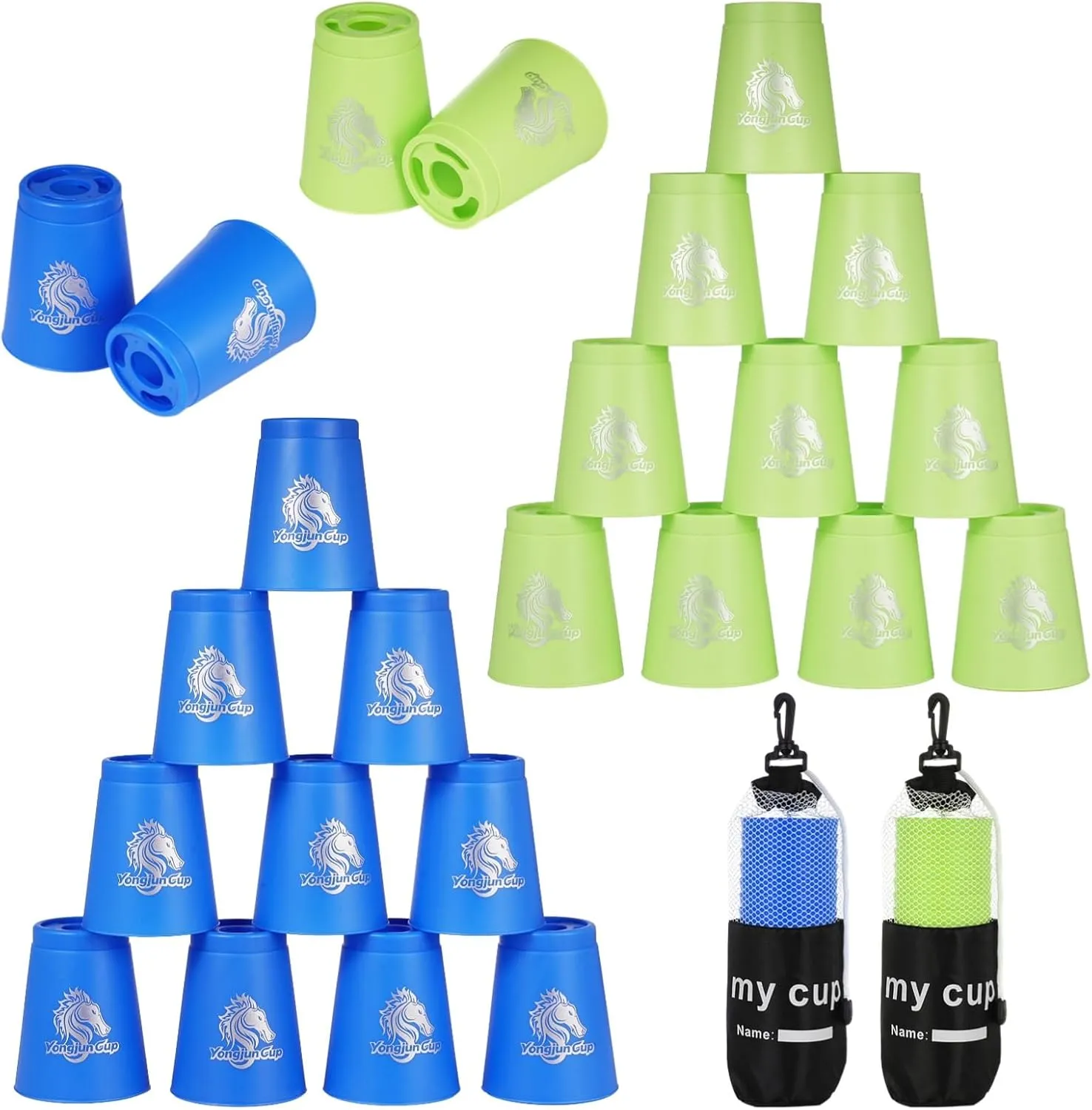yeesport 24 Pcs Sport Stacking Cups, Sport Training Game for Challenge Competition, Plastic Stacking Cups, Classic Family Game for Kids and Adults, Blue Green