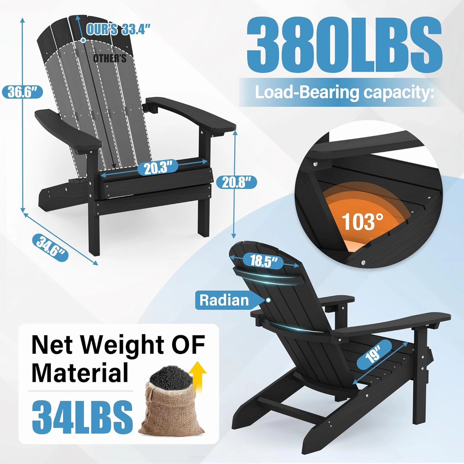 YEFU Adirondack Chair Weather Resistant: Outdoor Chair HIPS Plastic Adirondack Chairs - Patio Chairs with Wood Texture - Lawn Fire Pit Deck Porch Garden Chairs for Adults (Black)