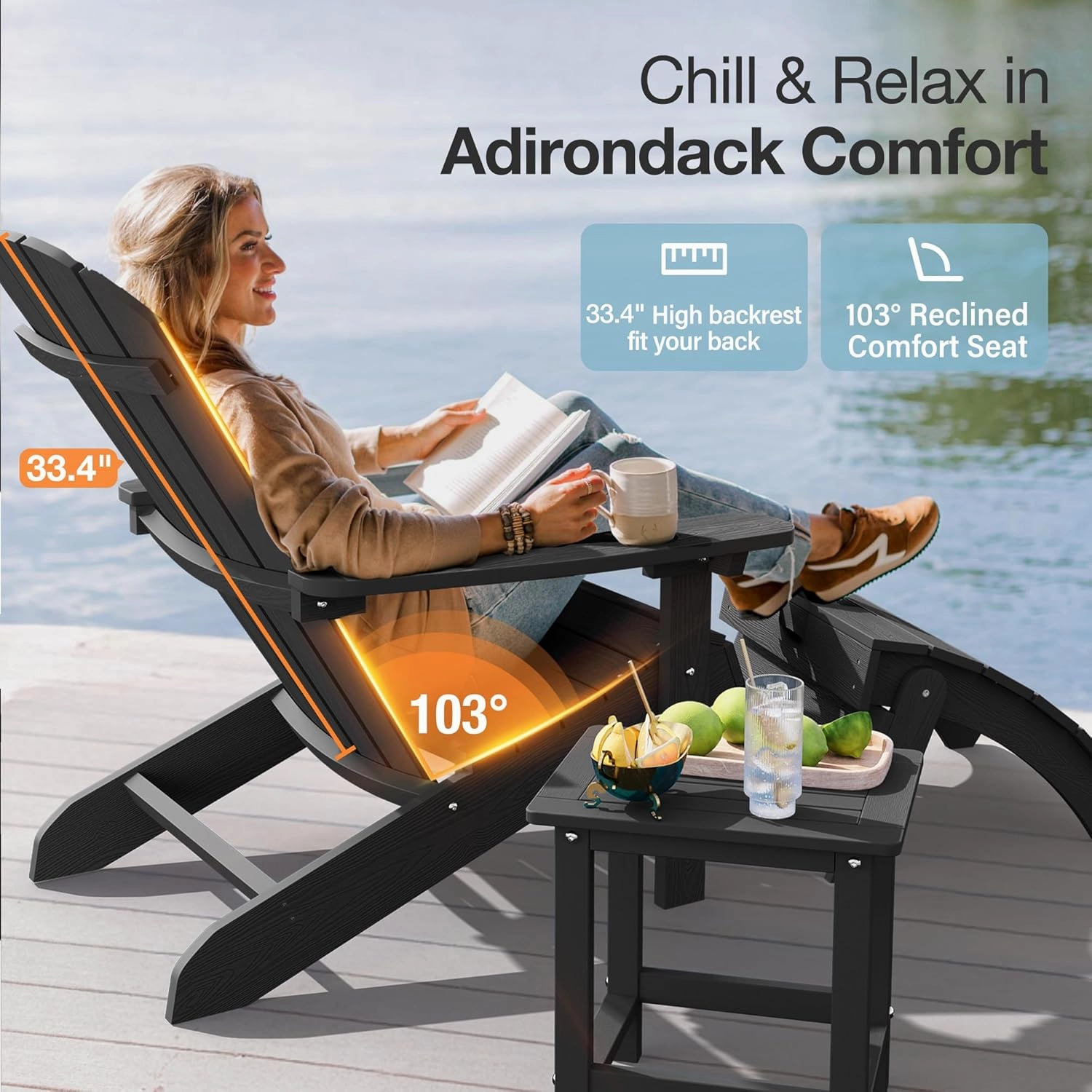 YEFU Adirondack Chair Weather Resistant: Outdoor Chair HIPS Plastic Adirondack Chairs - Patio Chairs with Wood Texture - Lawn Fire Pit Deck Porch Garden Chairs for Adults (Black)