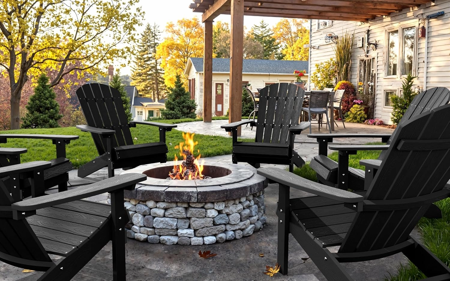 YEFU Adirondack Chair Weather Resistant: Outdoor Chair HIPS Plastic Adirondack Chairs - Patio Chairs with Wood Texture - Lawn Fire Pit Deck Porch Garden Chairs for Adults (Black)