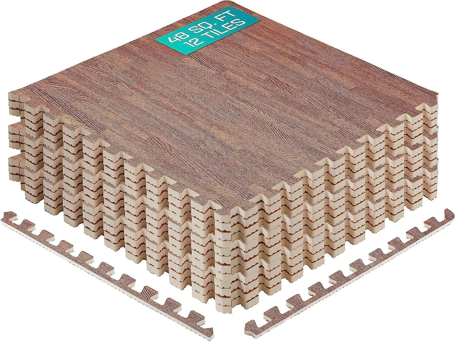 Yes4All 48SQ.FT Wood Grain Puzzle Exercise Mat Protective Flooring, EVA Interlocking Foam Floor Tiles with Border for Home