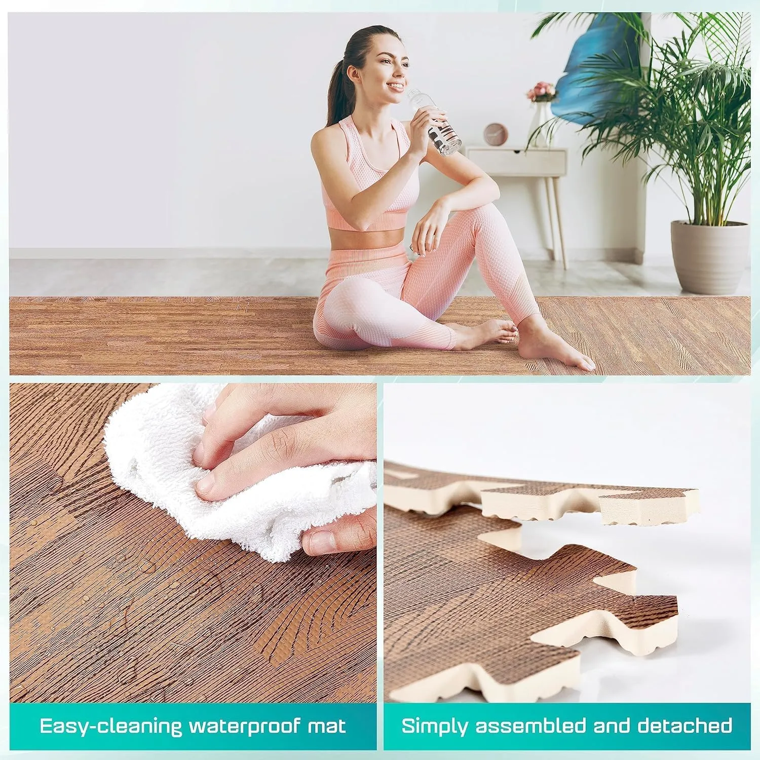 Yes4All 48SQ.FT Wood Grain Puzzle Exercise Mat Protective Flooring, EVA Interlocking Foam Floor Tiles with Border for Home