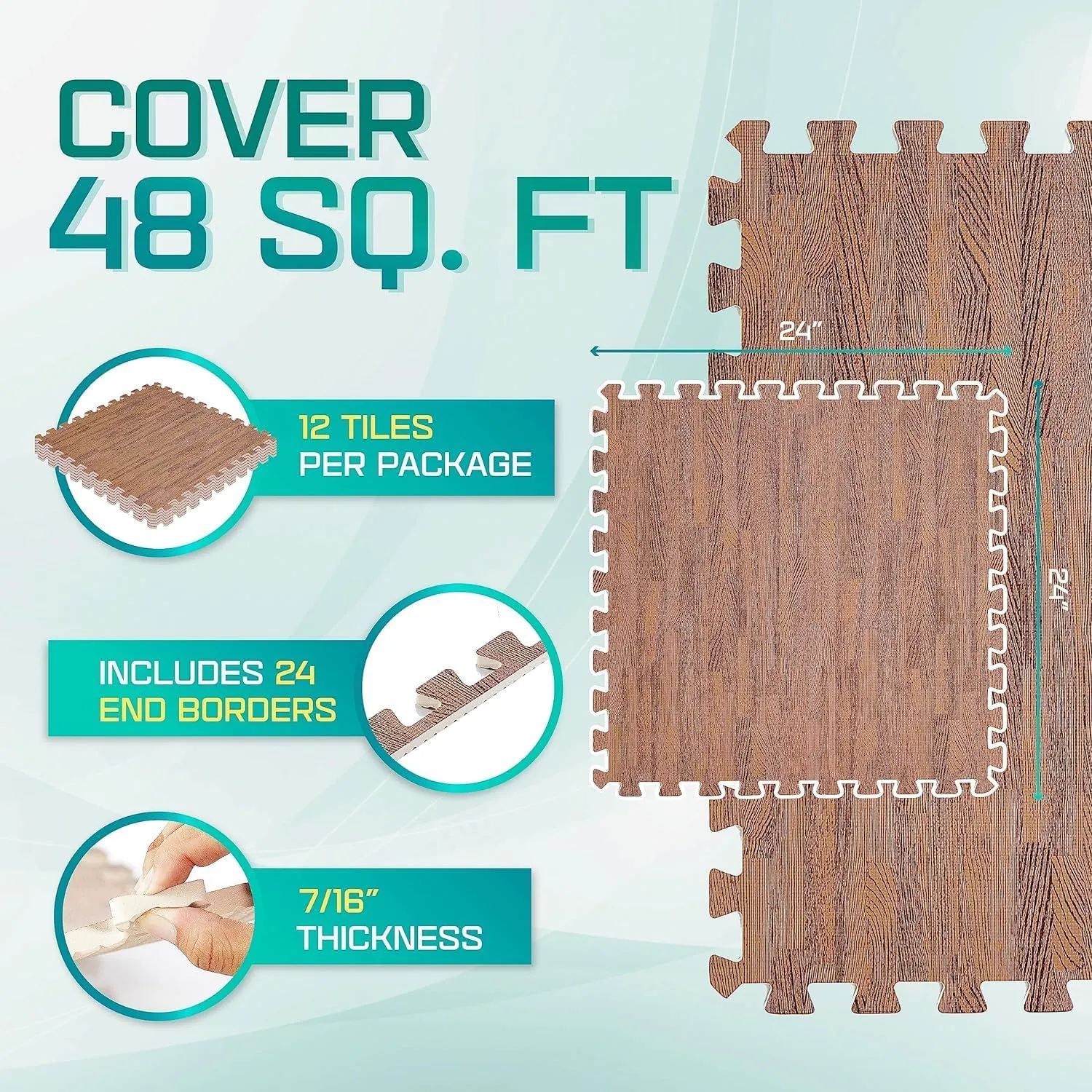 Yes4All 48SQ.FT Wood Grain Puzzle Exercise Mat Protective Flooring, EVA Interlocking Foam Floor Tiles with Border for Home