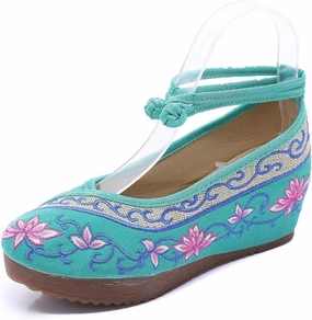 YIBLBOX Women Chinese Traditional Strap Lotus Flower Embroidery Strappy Platform Wedges Shoes