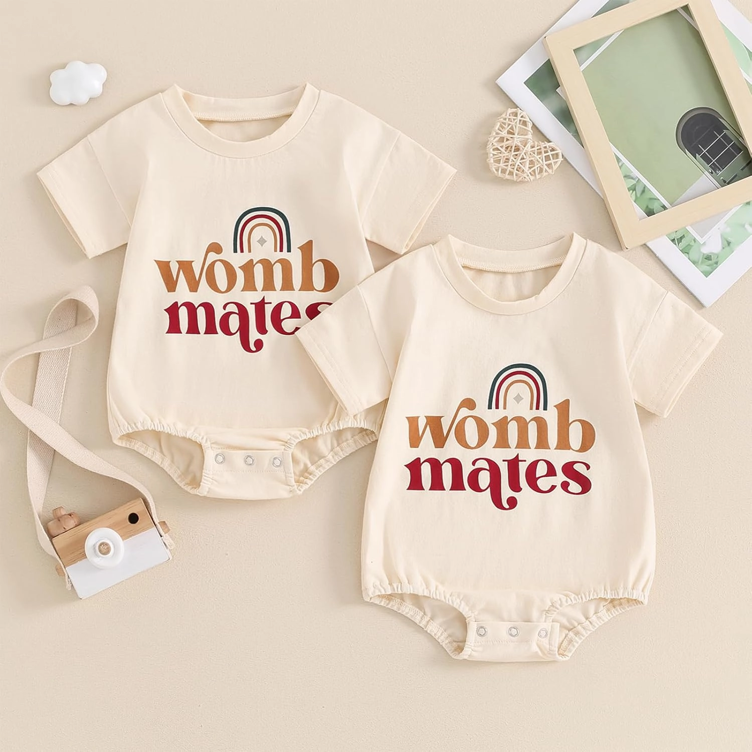 YOKJZJD Newborn Baby Girl Boy Twins Matching Outfits Womb Mates Short Sleeve Bubble Romper Bodysuit Summer Coming Home Outfit
