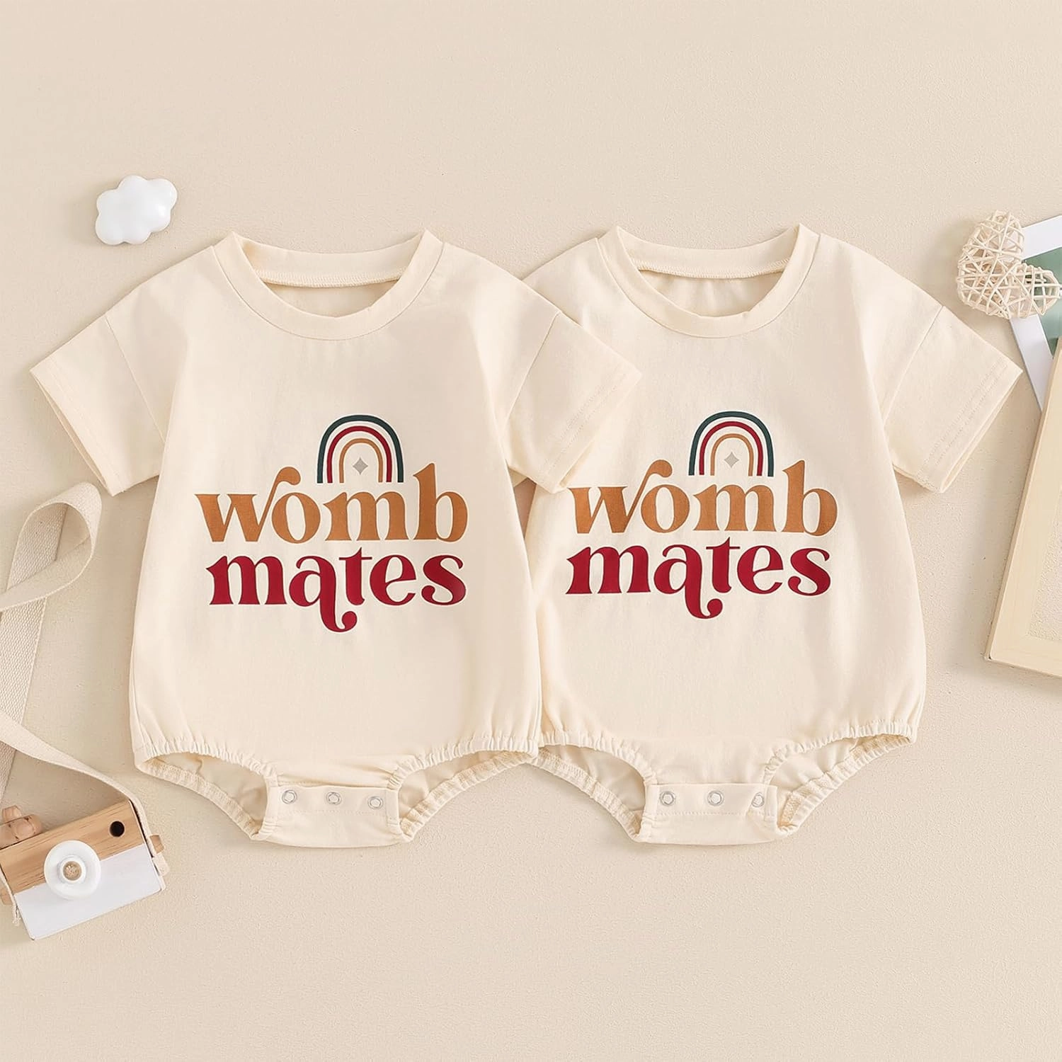 YOKJZJD Newborn Baby Girl Boy Twins Matching Outfits Womb Mates Short Sleeve Bubble Romper Bodysuit Summer Coming Home Outfit