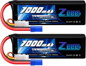 Zeee 3S Lipo Battery 7000mAh 11.1V 100C RC Batteries EC5 Connector Soft Case with Metal Plates for RC Car Truck Tank Racing Models (2 Pack)